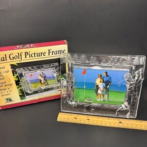 Vtg Lead Crystal Golf Picture Frame Clear Glass Tabletop Horizontal 3D‎ Orig Box
